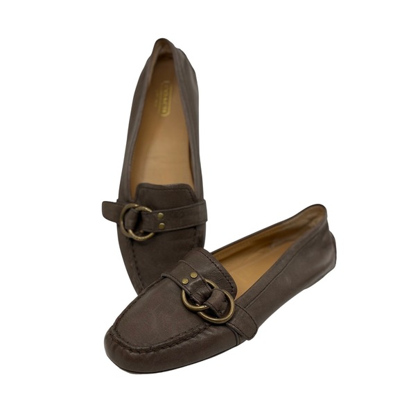 Coach Shoes - Coach Avril Brown Leather Driving Loafers Brass Buckle Flats Womens Slip On 9B